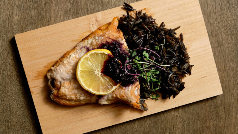 Salish Grilled Salmon w/ Red Nation Wild Rice and Huckleberry Sauce