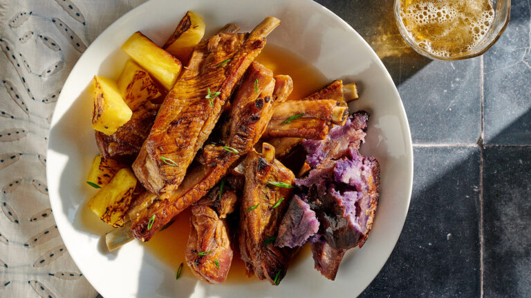 Sweet ’n’ Sour Spare Ribs with Smashed Purple Sweet Potatoes