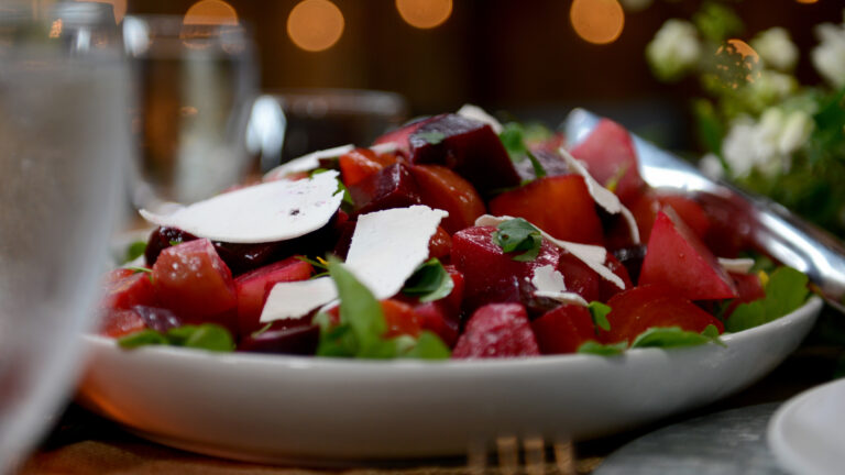 Roasted Beet and Beet Green Salad with Apple and Goat Cheese